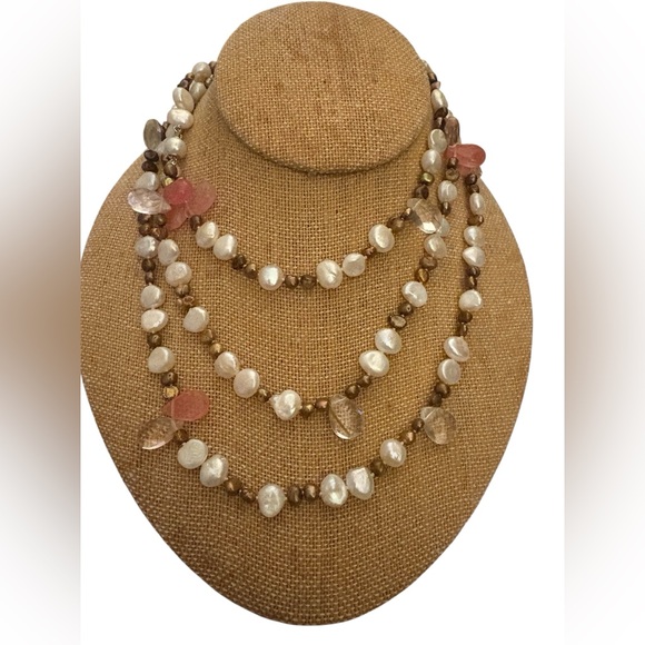 Jewelry - Freshwater Pearl, Rose Quartz and Rutilated Quartz long Hand Knotted Necklace